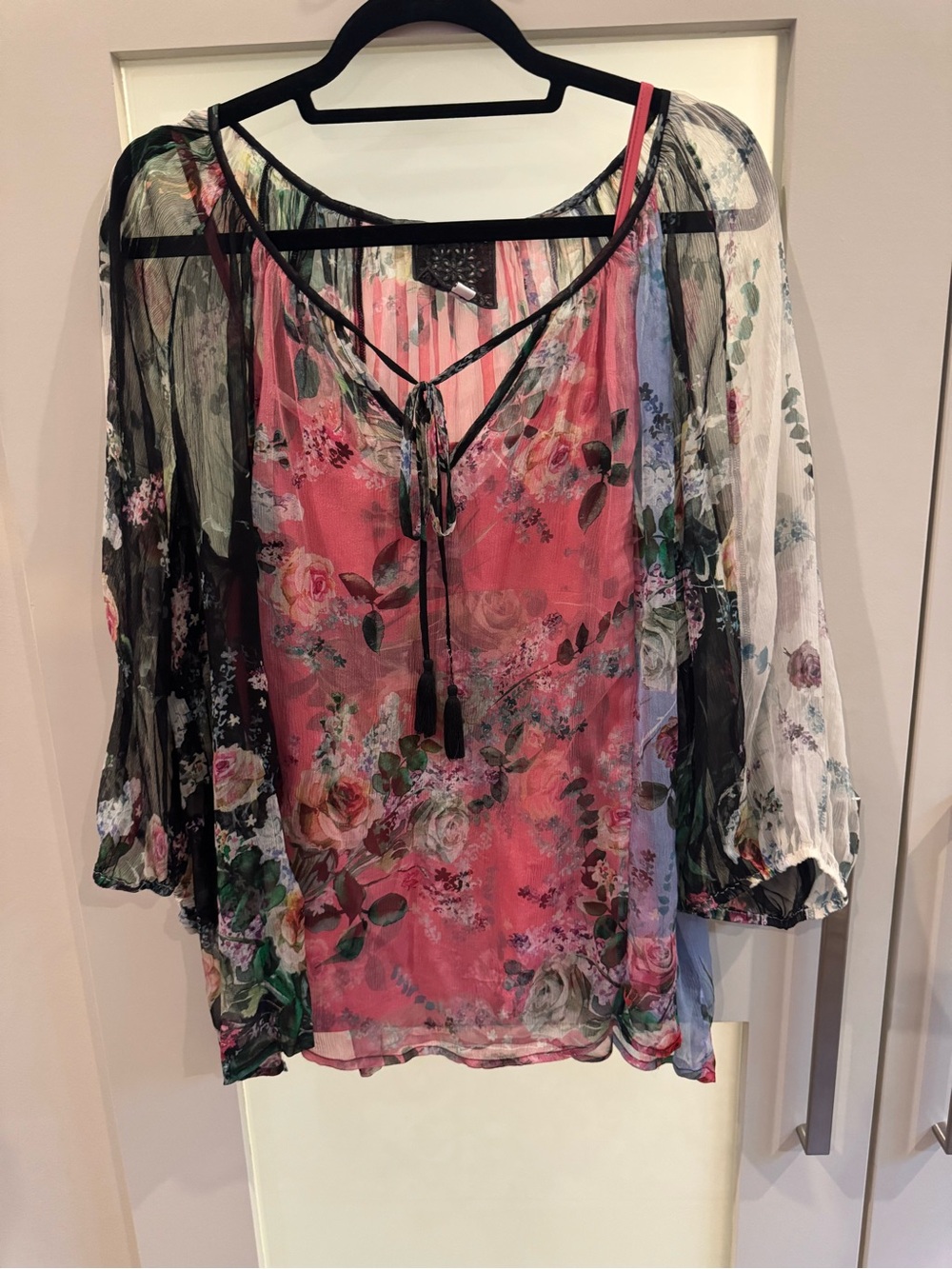 Johnny Was Pink Floral Sheer Tie-Front Blouse